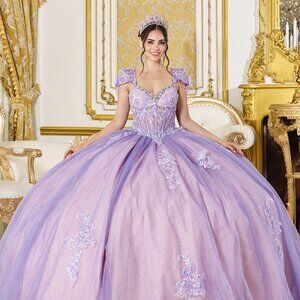 New Lilac/Nude Beaded Tulle Quinceanera Gown w/ Back Bow & Floral Lace DQ 5126